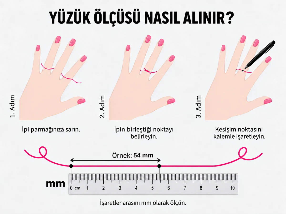 İple parmak ölçüsü alma rehberi: ipi parmağa sarın, birleşme noktasını işaretleyin, işaretler arasını milimetre olarak ölçün