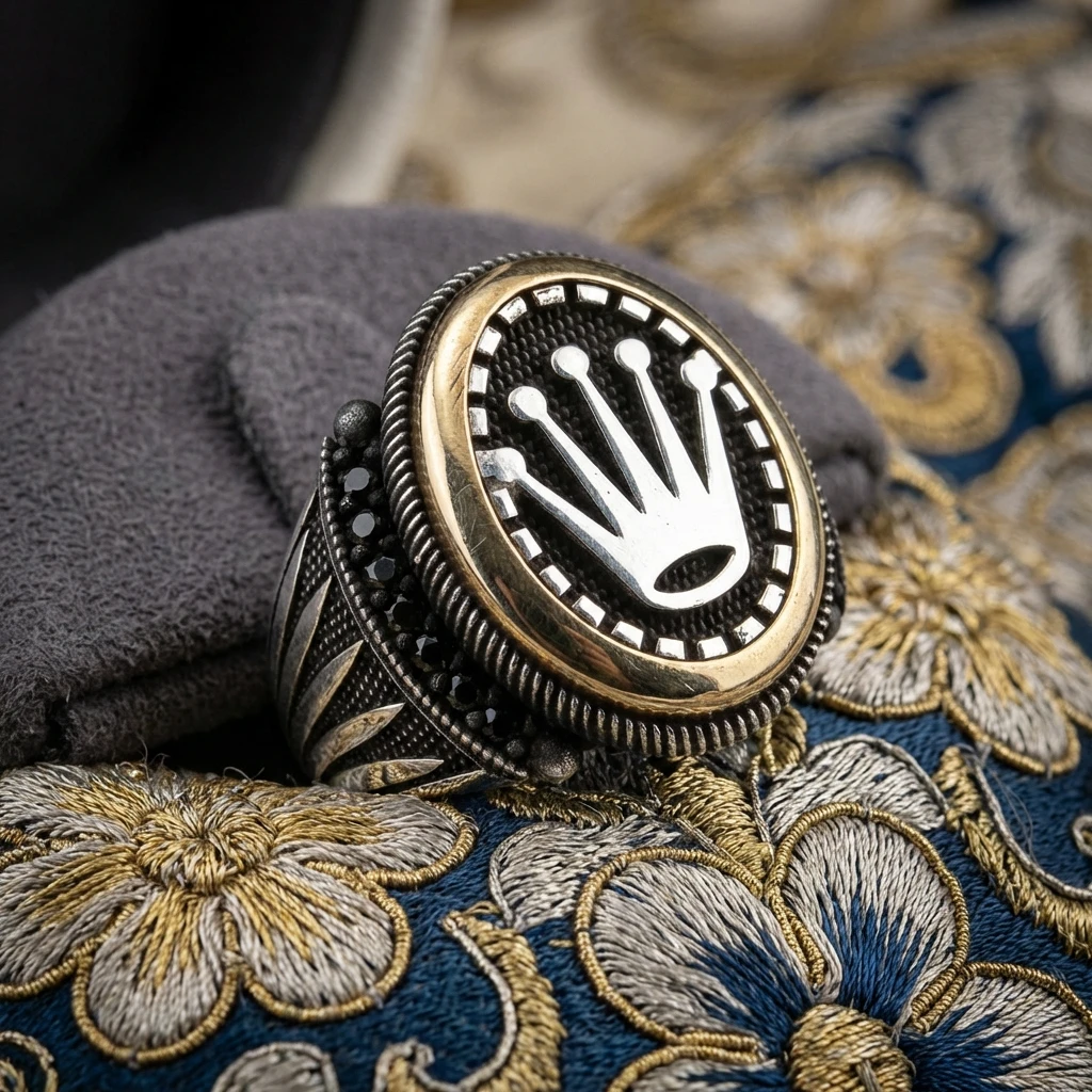 Oval Çerçeve Kasa Rolex Taç Figürlü Mikro Taş Gümüş Erkek Yüzüğü ürün görseli