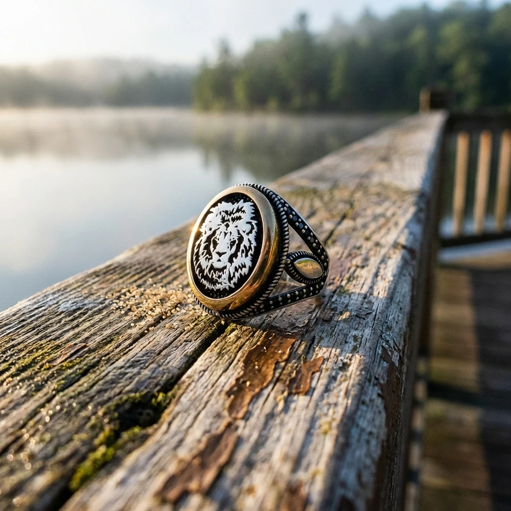 Aslan Başı Figürlü Siyah Mikro Taşlı Erkek Şövalye ürün görseli