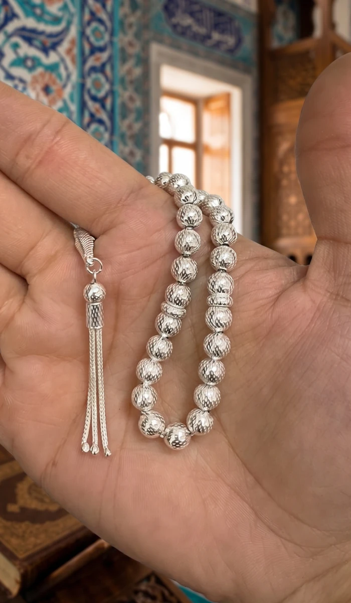 Özel İşlemeli Küre Kesim Bilek Boy 925 Ayar Gümüş Tesbih (20.1 gr)
