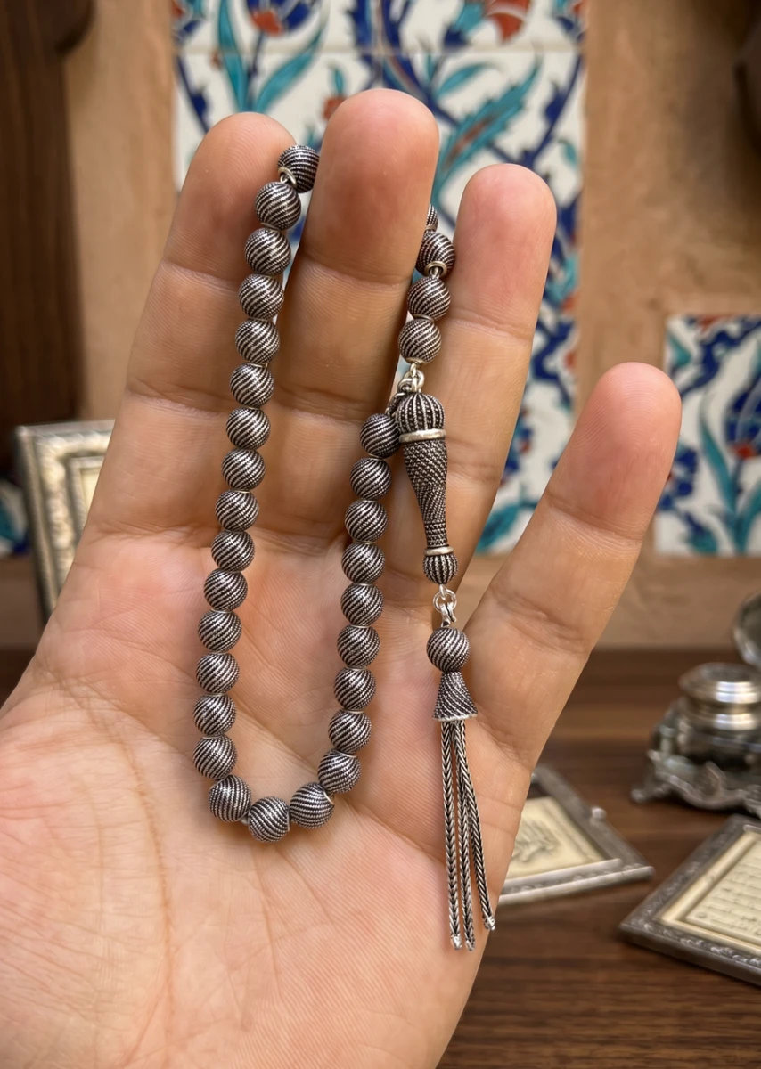 Oksitli Sarmal İşlemeli Küre Kesim 925 Ayar Gümüş Tesbih